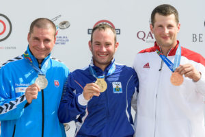 BAKU - JUNE 23: (L-R) Silver medalist Erik VARGA of Slovakia, Gold medalist Gian Marco BERTI of San Marino and Bronze medalist Piotr KOWALCZYK of Poland pose with their medals after the Trap Men Finals at the Baku Olympic Shooting Range during Day 2 of the ISSF World Cup Rifle/Pistol/Shotgun on June 23, 2016 in Baku, Azerbaijan. (Photo by Nicolo Zangirolami)