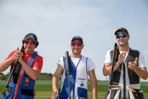 BAKU - JUNE 23: (L-R) Silver medalist Erik VARGA of Slovakia, Gold medalist Gian Marco BERTI of San Marino and Bronze medalist Piotr KOWALCZYK of Poland pose with their medals after the Trap Men Finals at the Baku Olympic Shooting Range during Day 2 of the ISSF World Cup Rifle/Pistol/Shotgun on June 23, 2016 in Baku, Azerbaijan. (Photo by Nicolo Zangirolami)